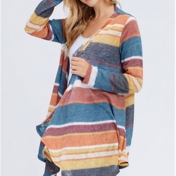 white birch Sweaters - White Birch Striped Multicolor Open Front Lightweight Cardigan Size M Longline